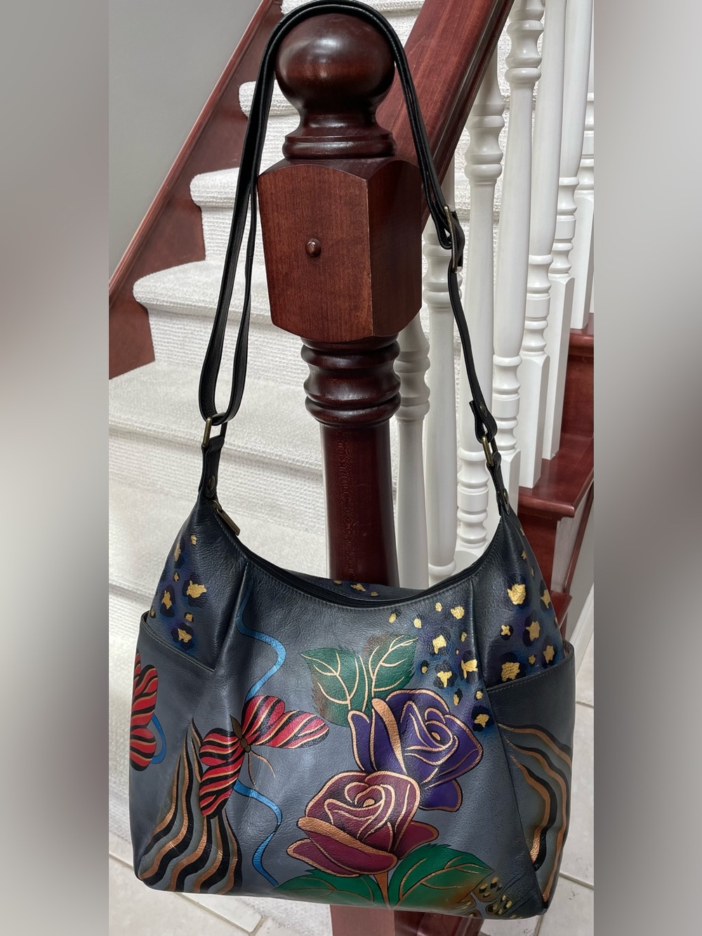 Anna Anuschka Large Multi Pocket Adjustable Strap Leather Hand Painted Hobo Bag